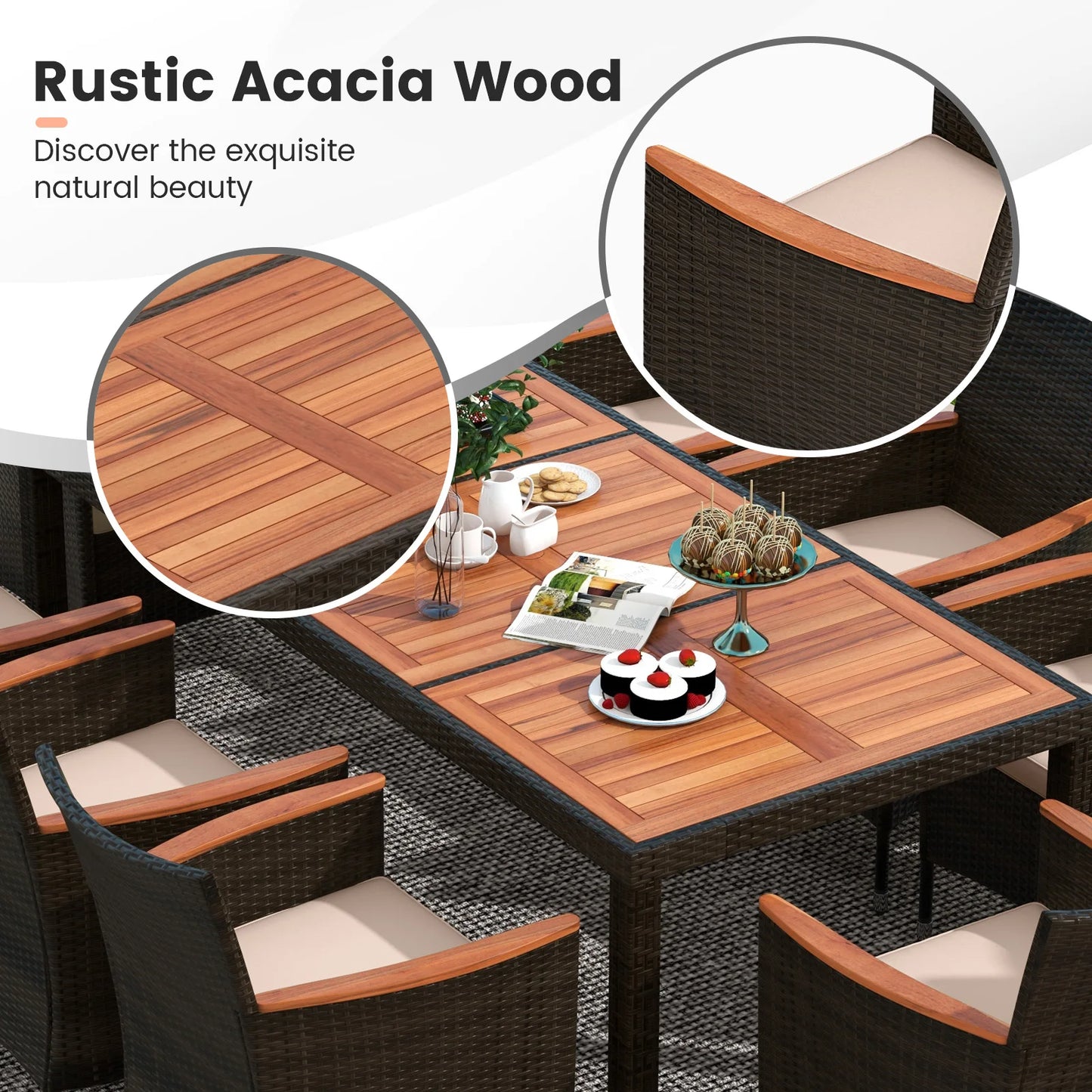 Homasis 9 Piece Patio Wicker Dining Set With Acacia Wood Table Umbrella Hole Cushions Chairs