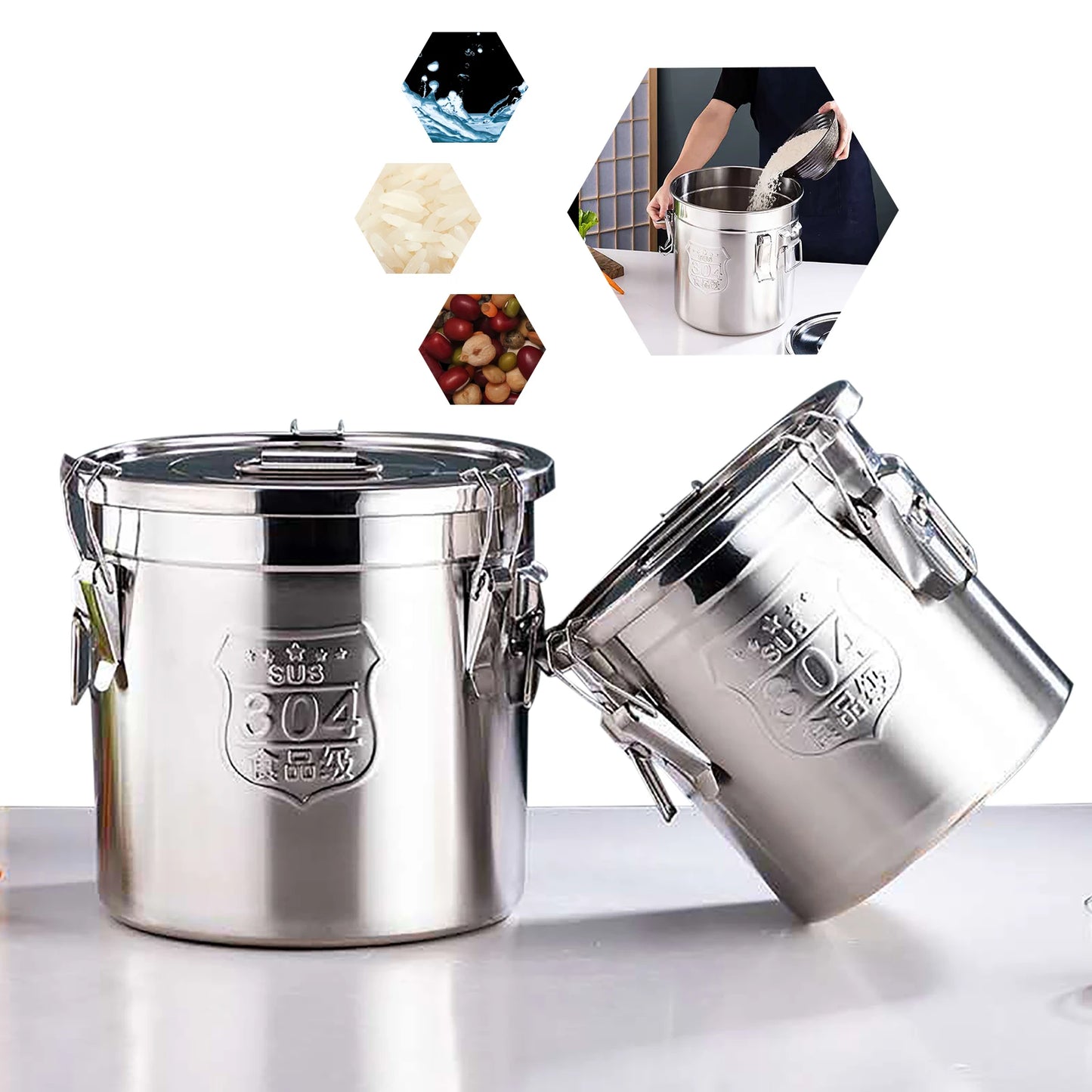 6L/12L Food Storage Bucket，Household Kitchen 304 Stainless Steel Bean Cereal Rice Container Airtight Canister Pail with Lid