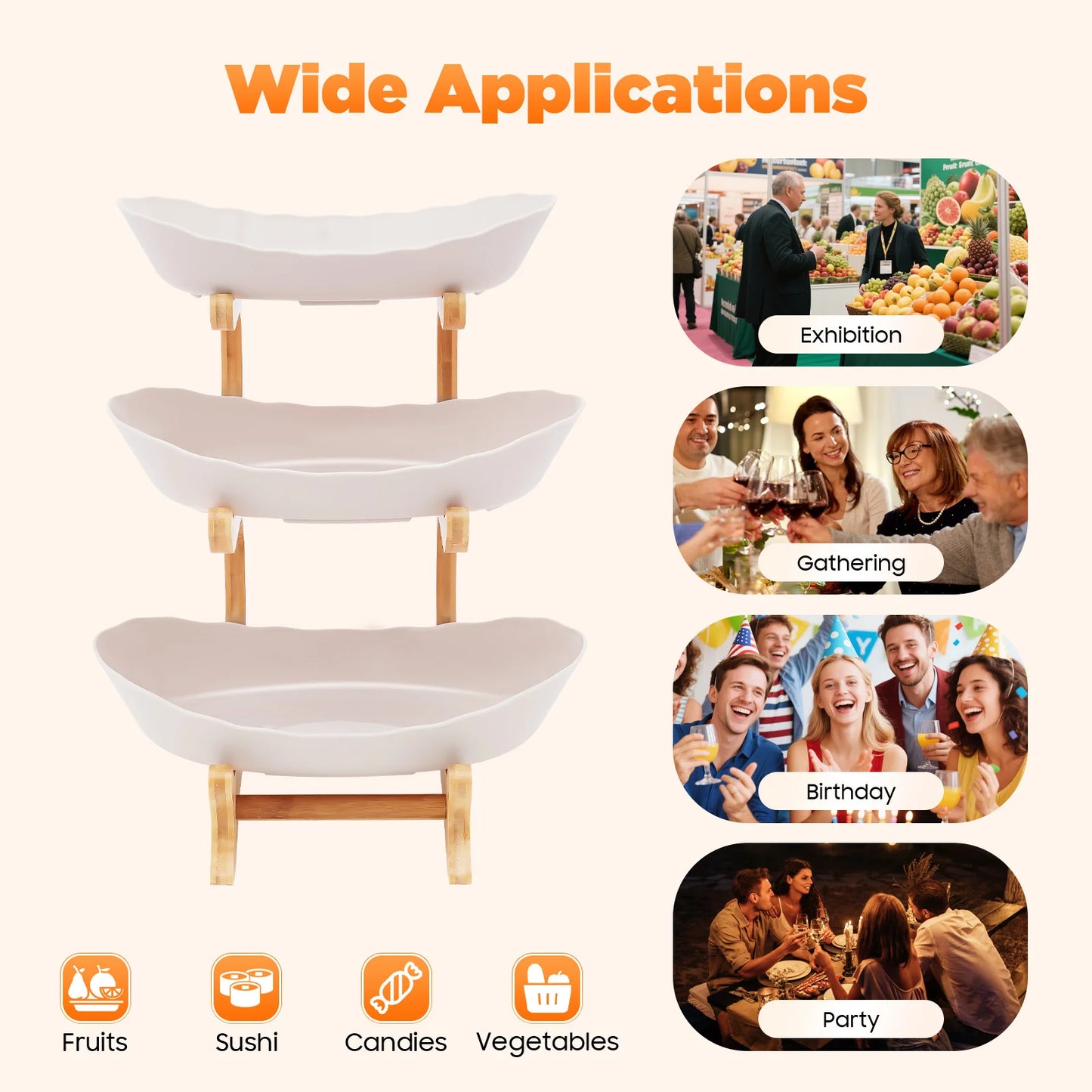 3-Tier Fruit Plate,Snack Dessert Cake Tray Plate Rack for Party Wedding,Fruit Bowl W/ Bamboo Wood Stand,Candy Dish Cake Stand