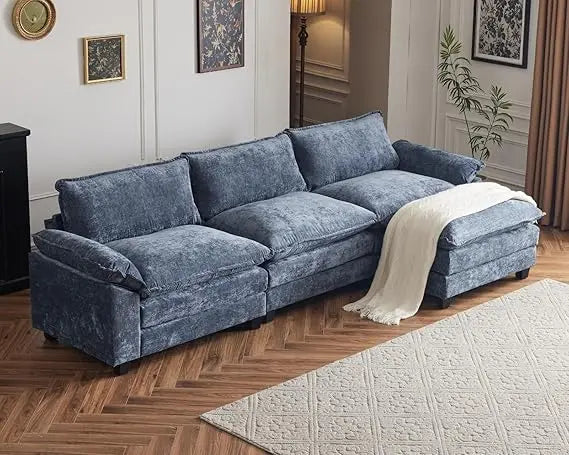 Modern L-Shape Chenille Upholstered 3-Seat Sectional Sofa With Ottoman LivingRoom