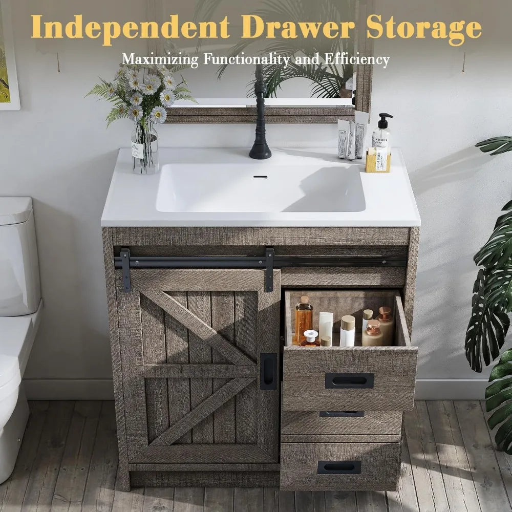 Ticify Farmhouse Sliding Barn Door Bathroom Vanity With Sink Drawers