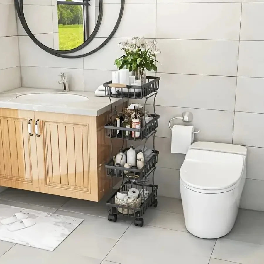 Hign-concerned 4 Tier Stackable Metal Vegetable Storage Rack With Wheels Rotating Corner Kitchen Organizer Basket