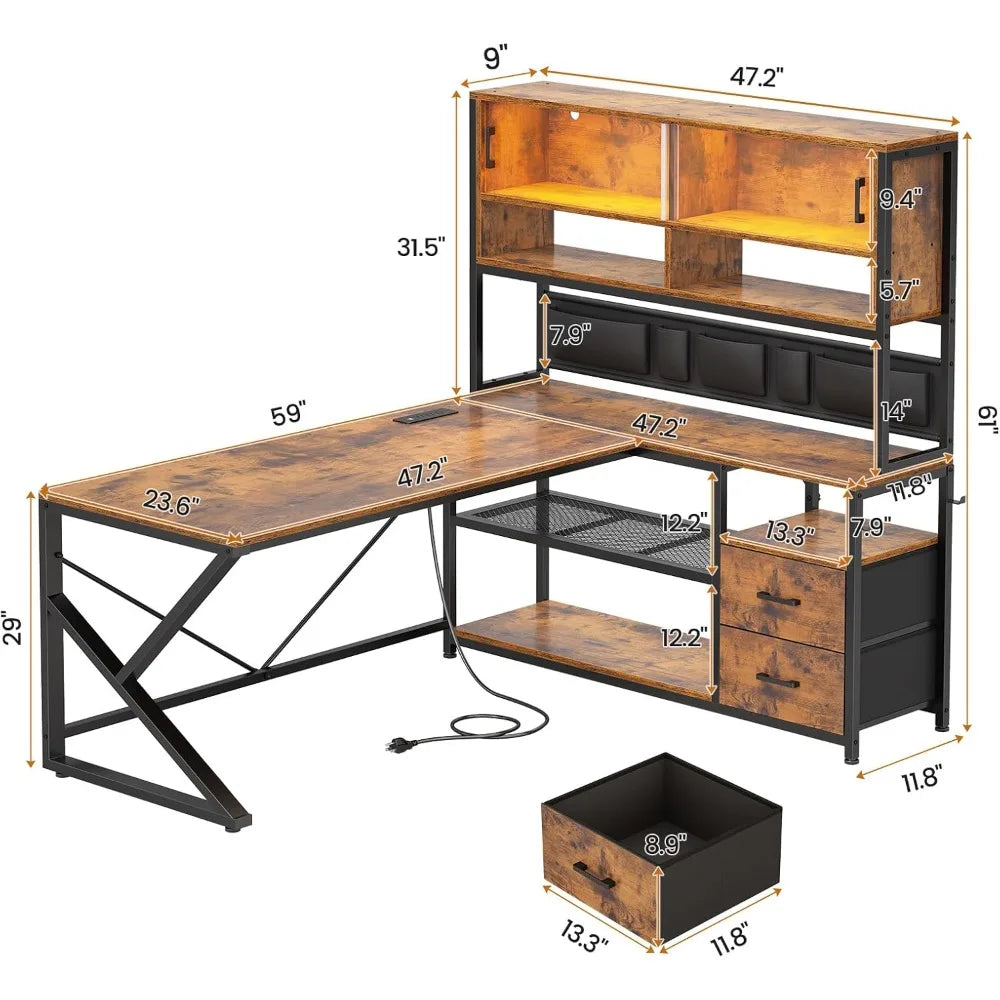DAFIFY L Shaped Computer Desk with Drawers, Bookshelf, LED Light, Glass Cabinet for Home Office Gaming