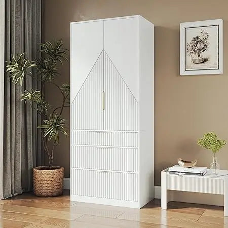 Wooden Wardrobe Armoire With Double Doors, 3 Drawers, Hanging Rod And Shelf For Bedroom Storage