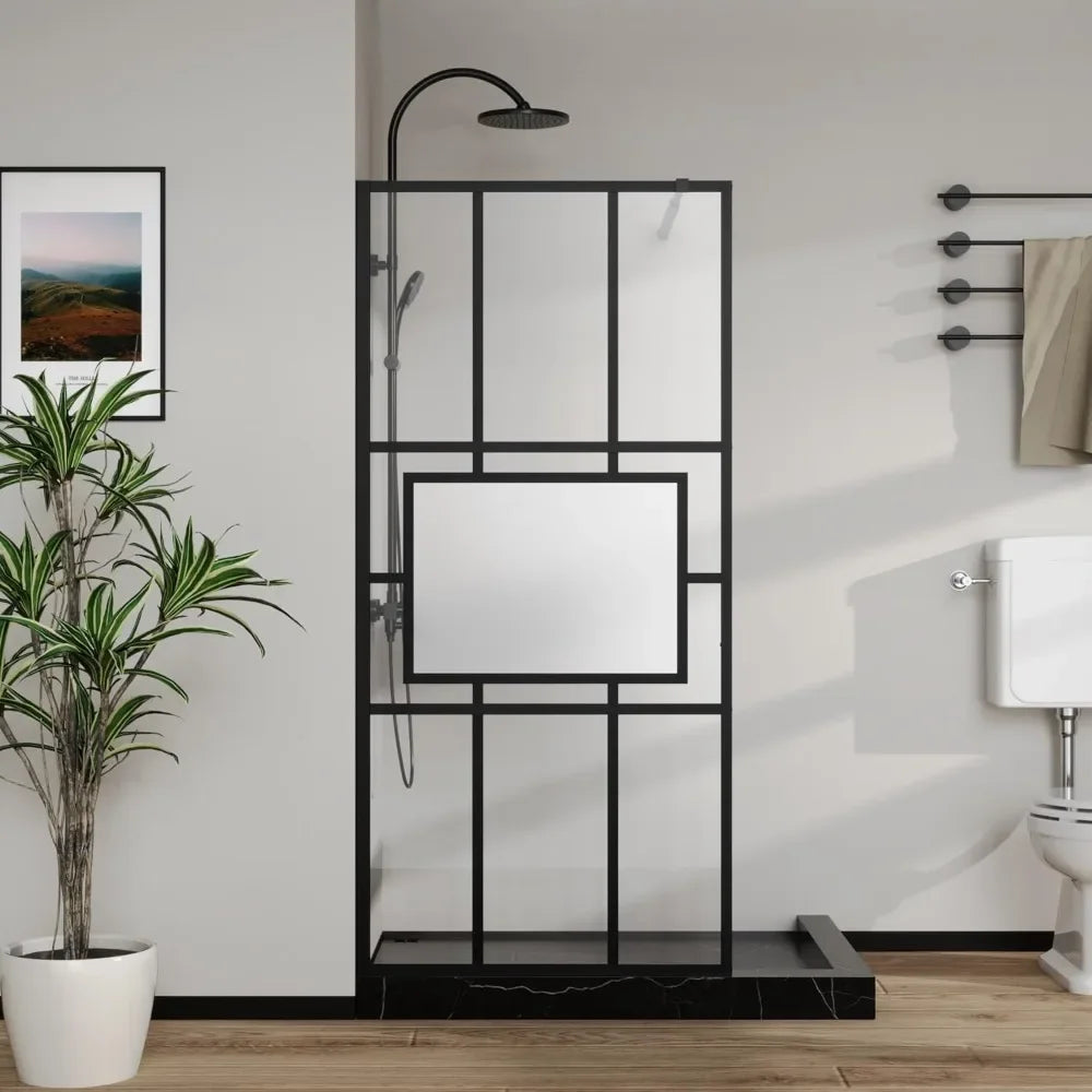 Customizable 34” X 72” Glass Shower Door Fixed Framed Shower Screen Tempered Glass Panel For Walk-in Shower Room, Grid Pattern,