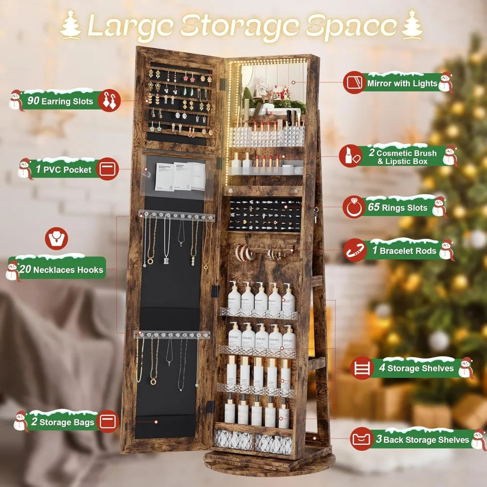 MKDK Mirror Jewelry Cabinet Armoire With LED Lighting 360 Degree Swivel Lockable