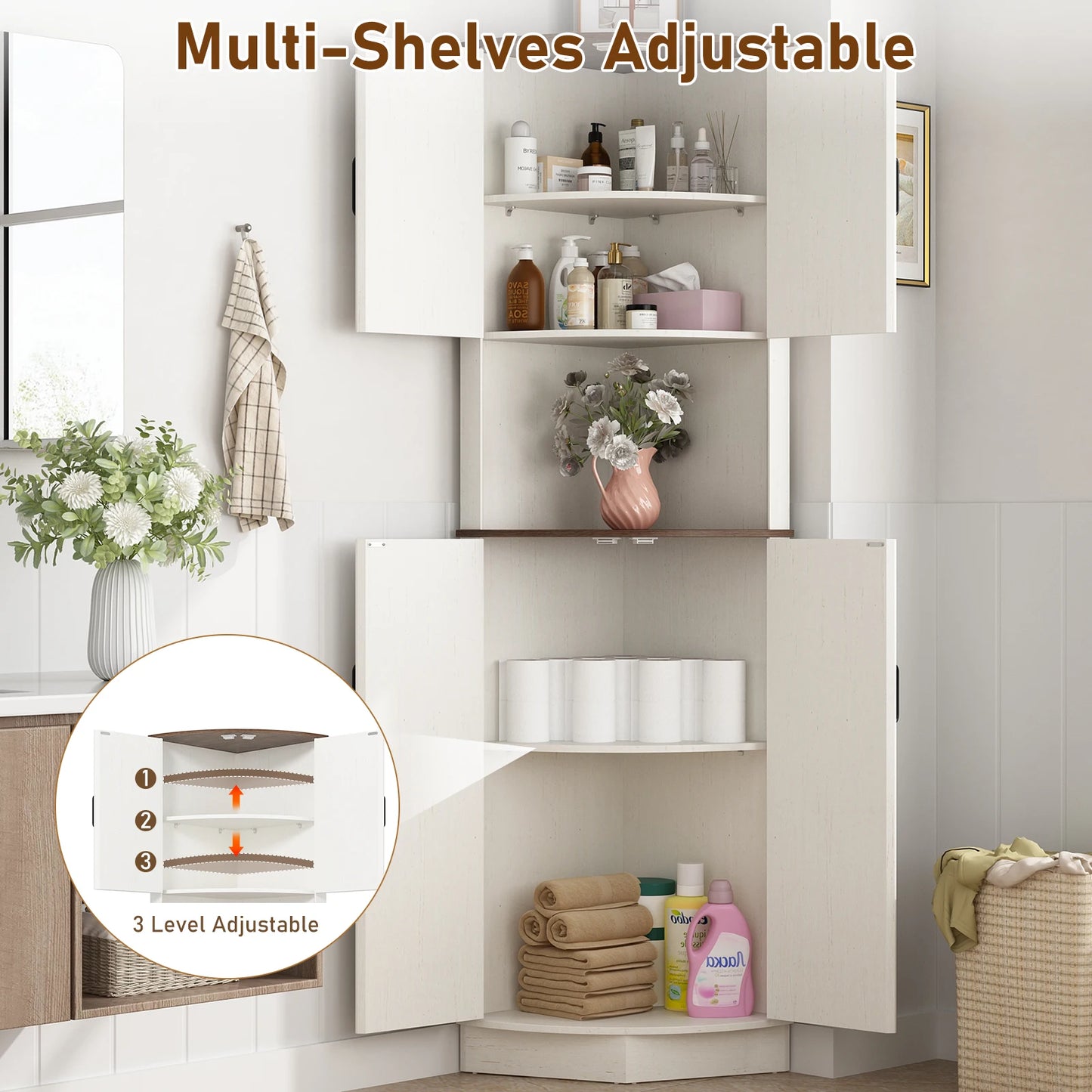 QiaoShiRenHign Farmhouse Bathroom Storage Tall Cabinet With Barn Doors And Adjustable Shelf