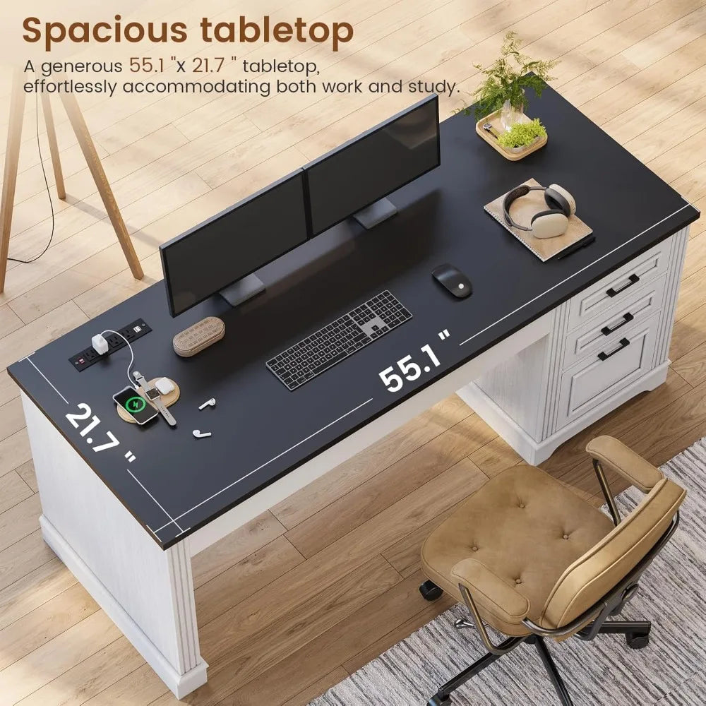 Farmhouse Executive Desk Computer Desk With Storage Drawers And Power Outlet For Home Office