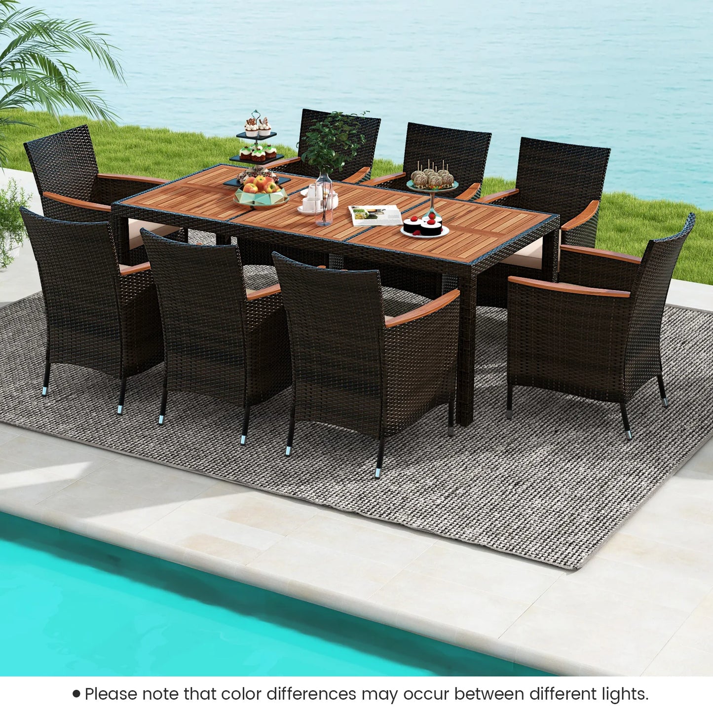 Homasis 9 Piece Patio Wicker Dining Set With Acacia Wood Table Umbrella Hole Cushions Chairs