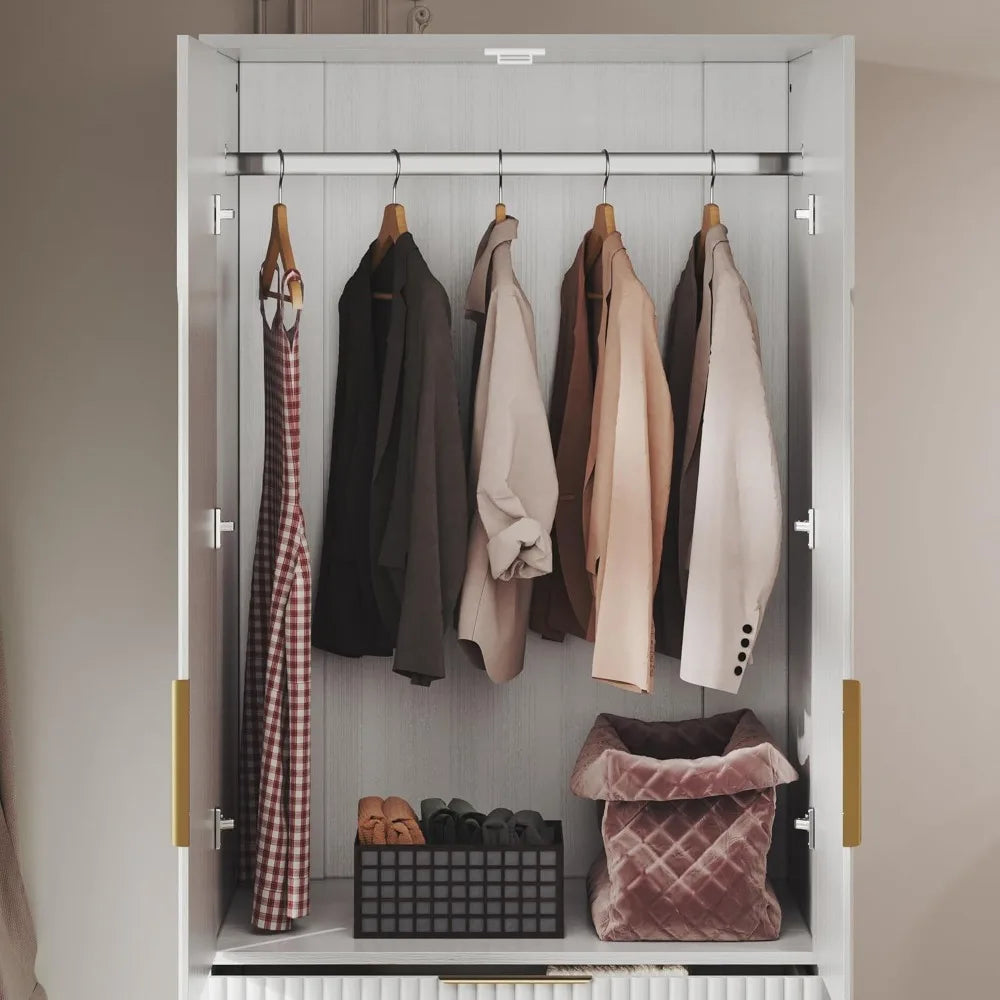 Wooden Wardrobe Armoire With Double Doors, 3 Drawers, Hanging Rod And Shelf For Bedroom Storage