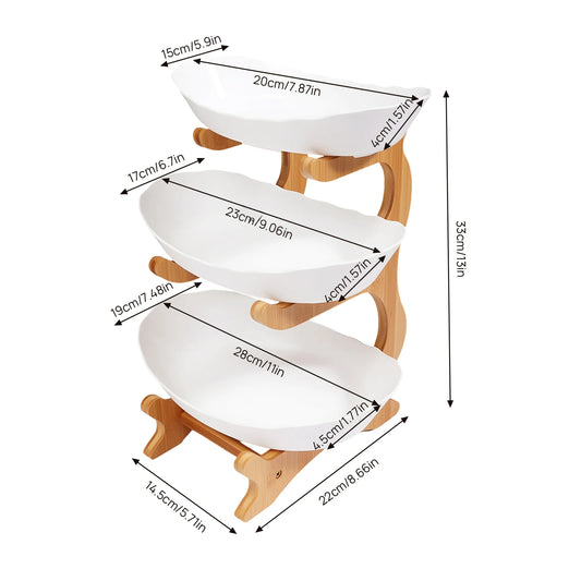 3-Tier Fruit Plate,Snack Dessert Cake Tray Plate Rack for Party Wedding,Fruit Bowl W/ Bamboo Wood Stand,Candy Dish Cake Stand