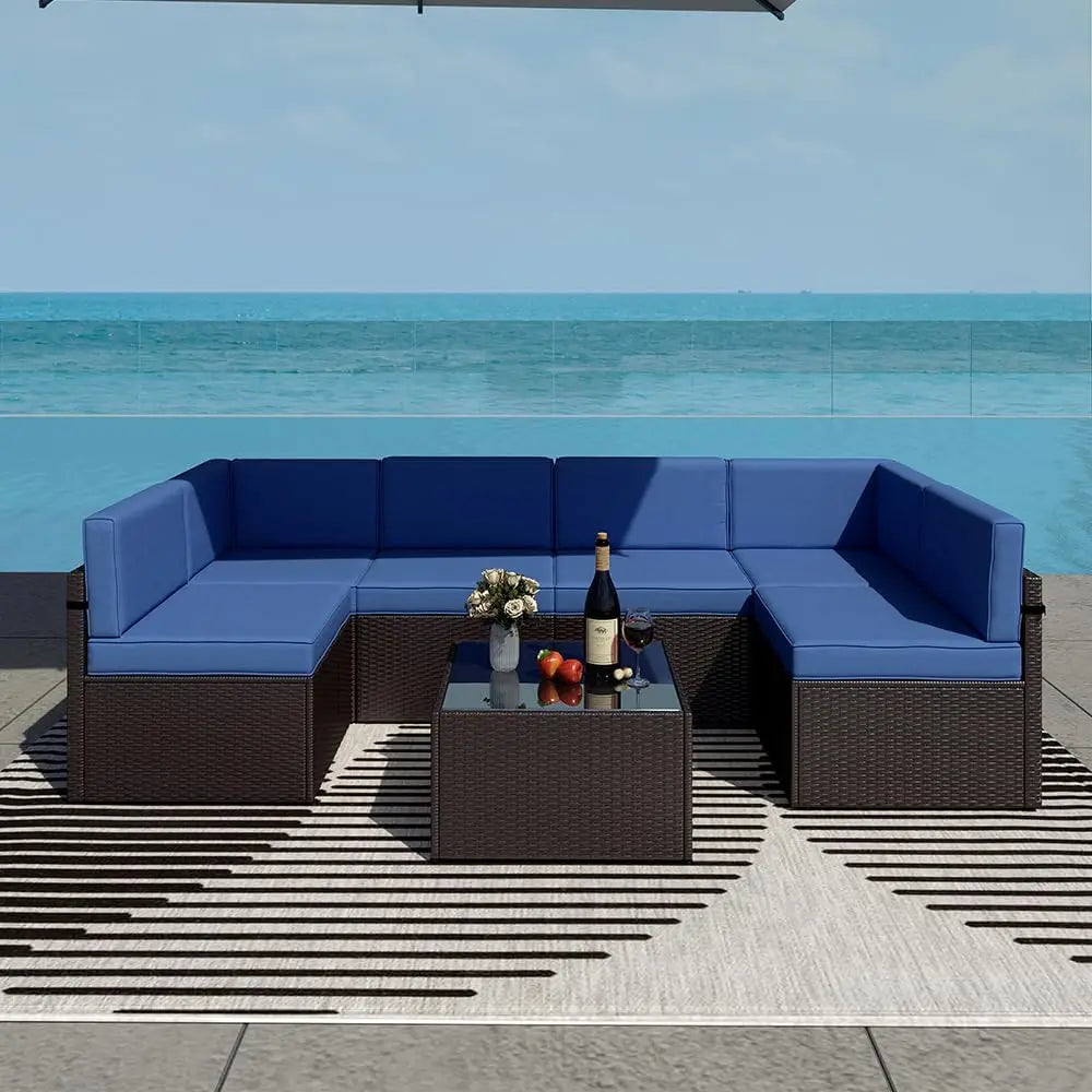 ZHUOTING 7Piece OutdoorPatio Furniture PE Wicker Rattan Sectional Conversation Set