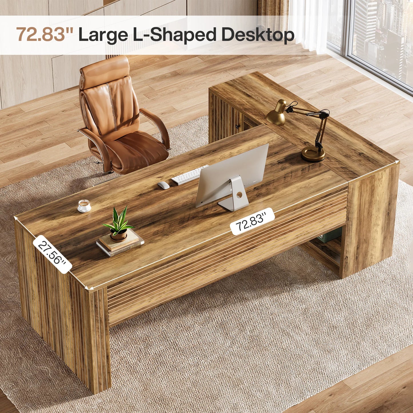 Tribesigns Large Executive L Shaped Desk With Cabinet And Ample Wooden Farmhouse Storage Shelves For Office