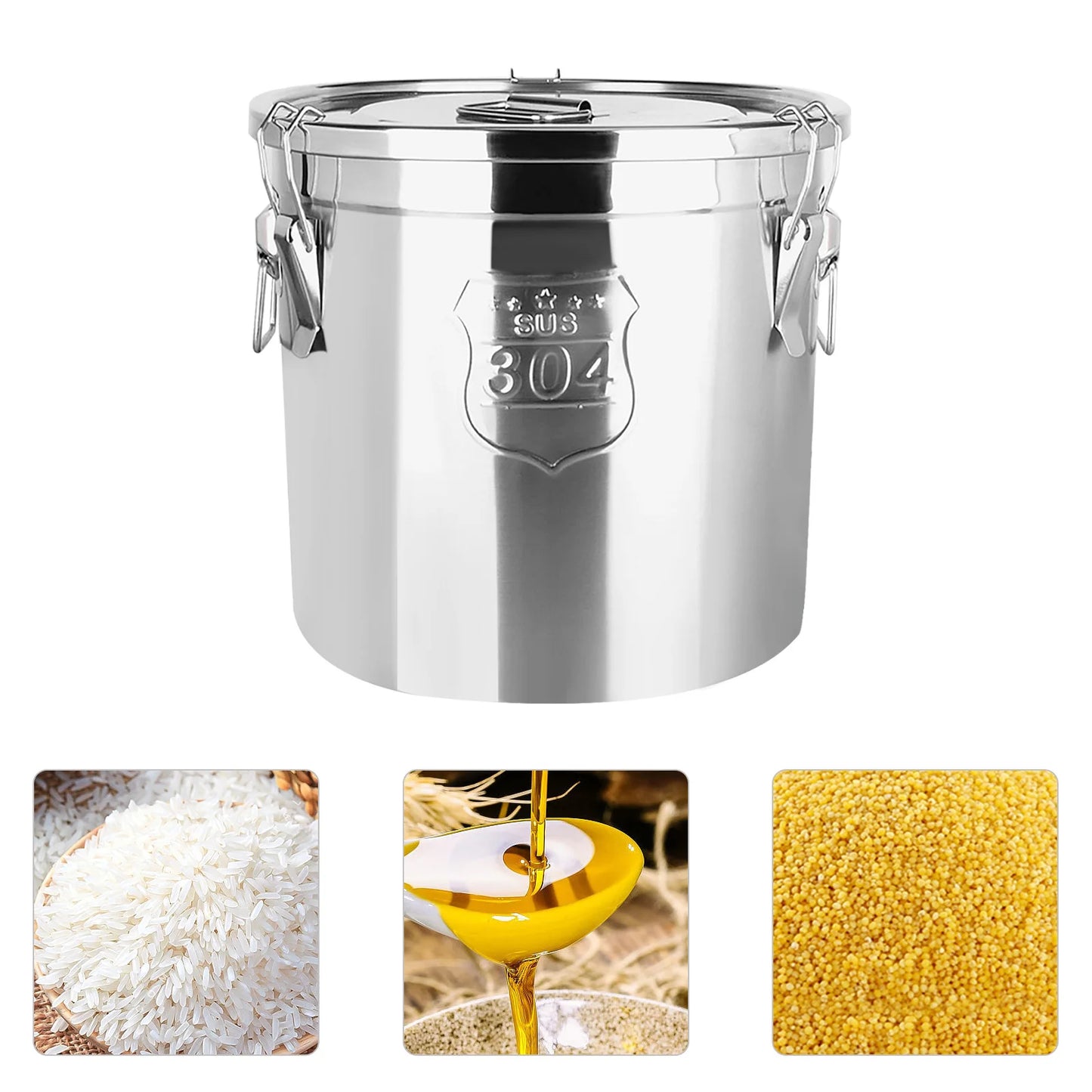 6L/12L Food Storage Bucket，Household Kitchen 304 Stainless Steel Bean Cereal Rice Container Airtight Canister Pail with Lid