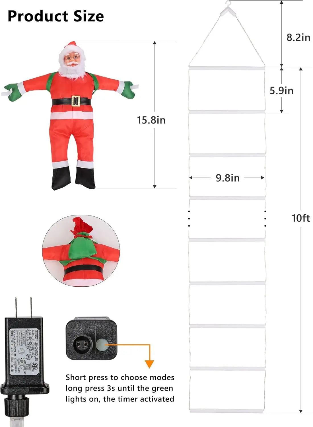 XMSJ Christmas LED Ladder Lights With Climbing Santa OutdoorDecorations EightModes