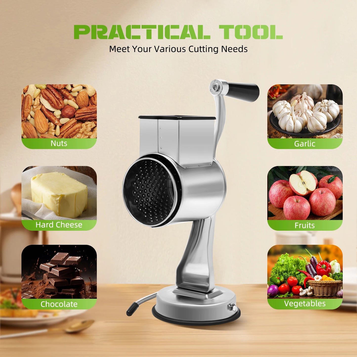 Rotary Grater Food Mills Grinder Set With 5 Drum Manual Rotary Vegetable Slicer Cutter Stainless Steel Kitchen Grater