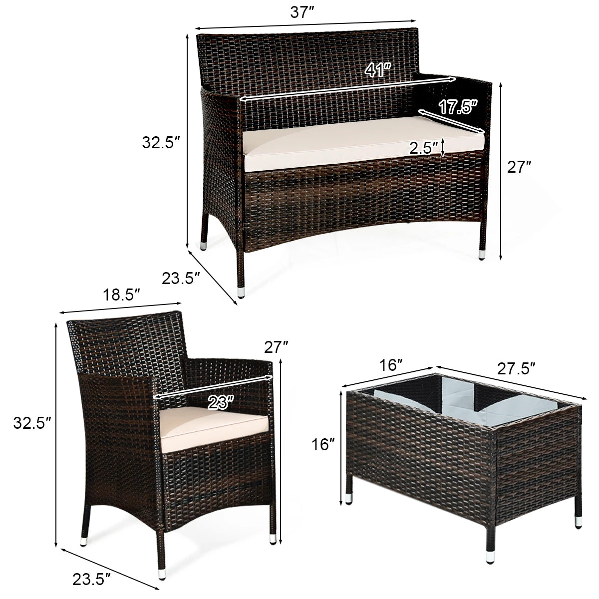 HOMASIS 4 Piece Rattan Patio Furniture Set Cushioned Sofa Chair Coffee Table Garden