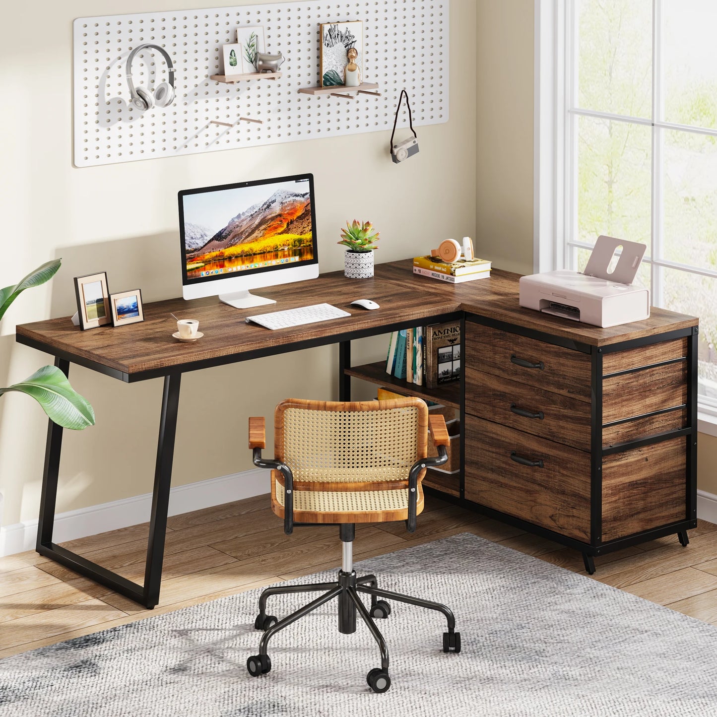 Tribesigns L-Shaped Computer Desk With 3 Drawers And Shelves