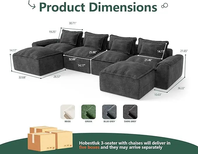 HUANZHUANG Cloud Modular Sectional Sofa U Shaped 4 Seater With Ottomans And Removable Covers