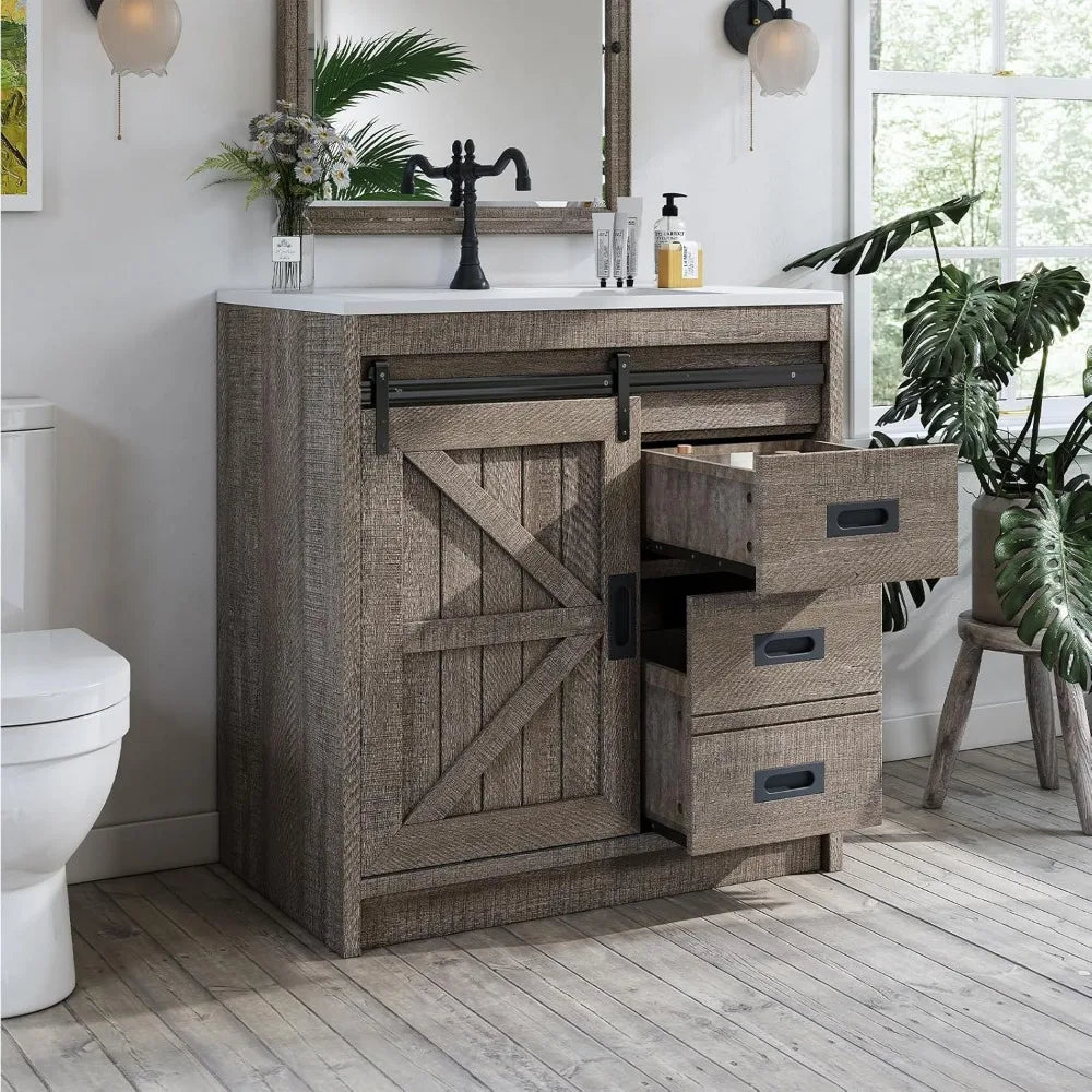 Ticify Farmhouse Sliding Barn Door Bathroom Vanity With Sink Drawers