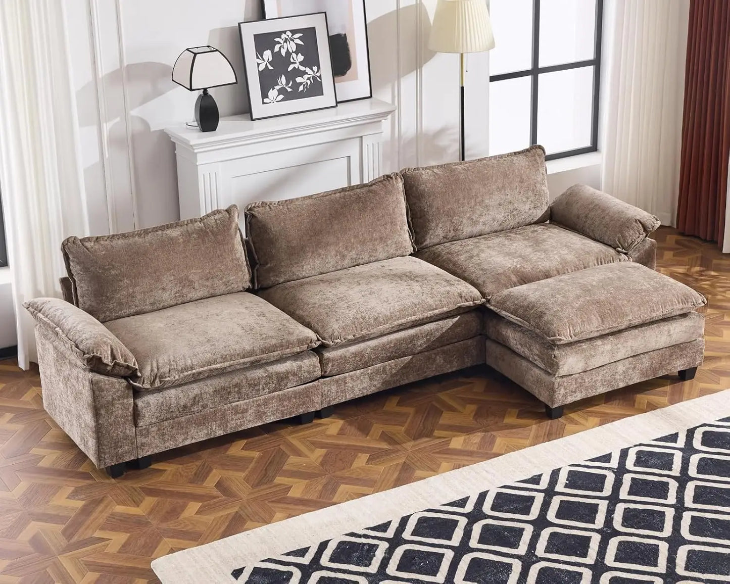 Modern L-Shape Chenille Upholstered 3-Seat Sectional Sofa With Ottoman LivingRoom