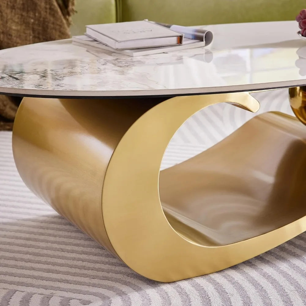 General Use Modern Oval Faux Marble Coffee Table Metal Base