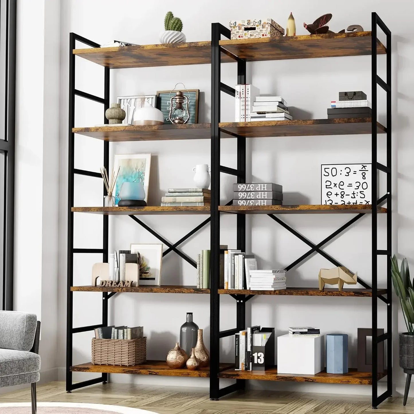 XMSJ 2Piece FiveTier Bookshelf ClassicTall Industrial Modern Display Cabinet Organization