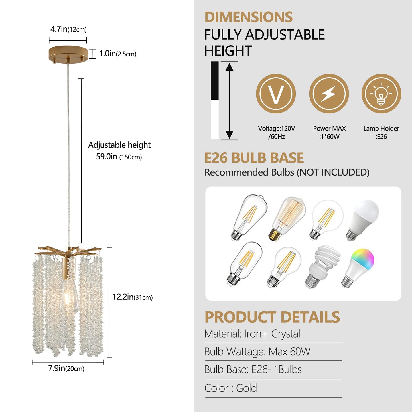 Arlgsite Crystal Pendant Lights 3 Pack Golden Finish No Bulbs