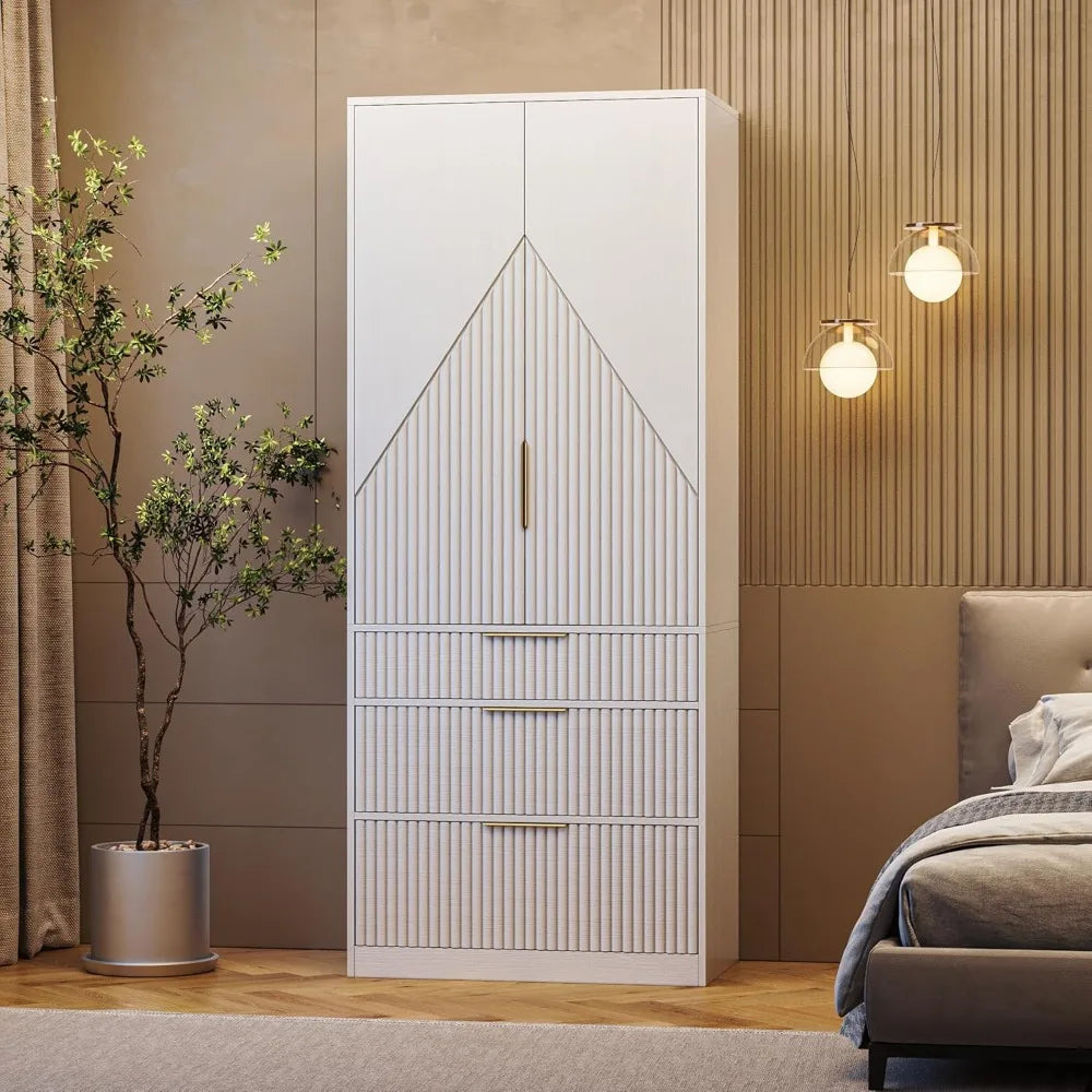 Wooden Wardrobe Armoire With Double Doors, 3 Drawers, Hanging Rod And Shelf For Bedroom Storage