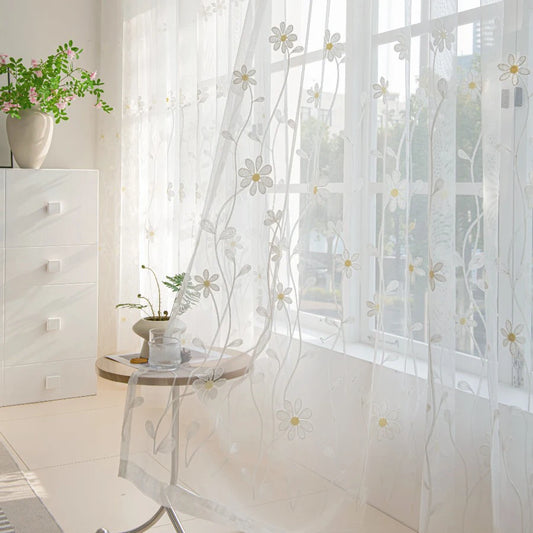 Black Ant Pastoral Embroidery Sheer Curtains 2Pcs Light Filtering Window