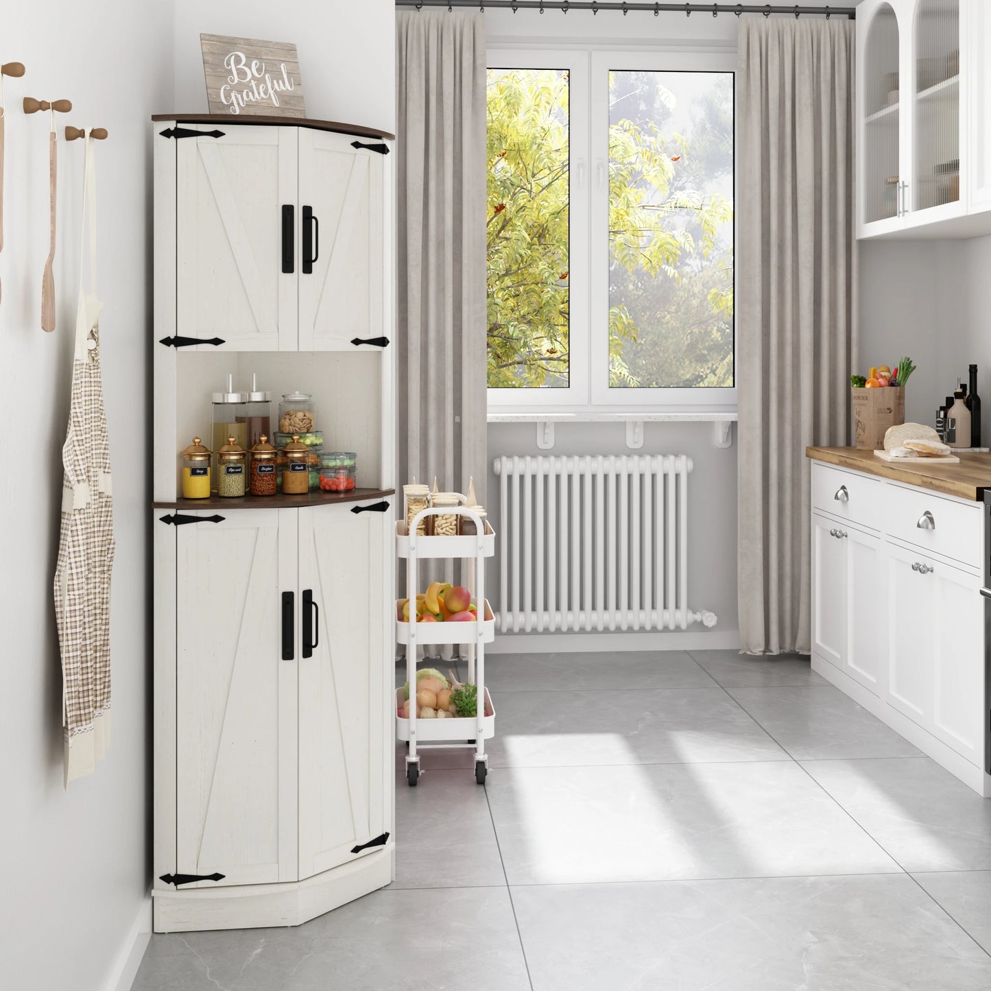 QiaoShiRenHign Farmhouse Bathroom Storage Tall Cabinet With Barn Doors And Adjustable Shelf