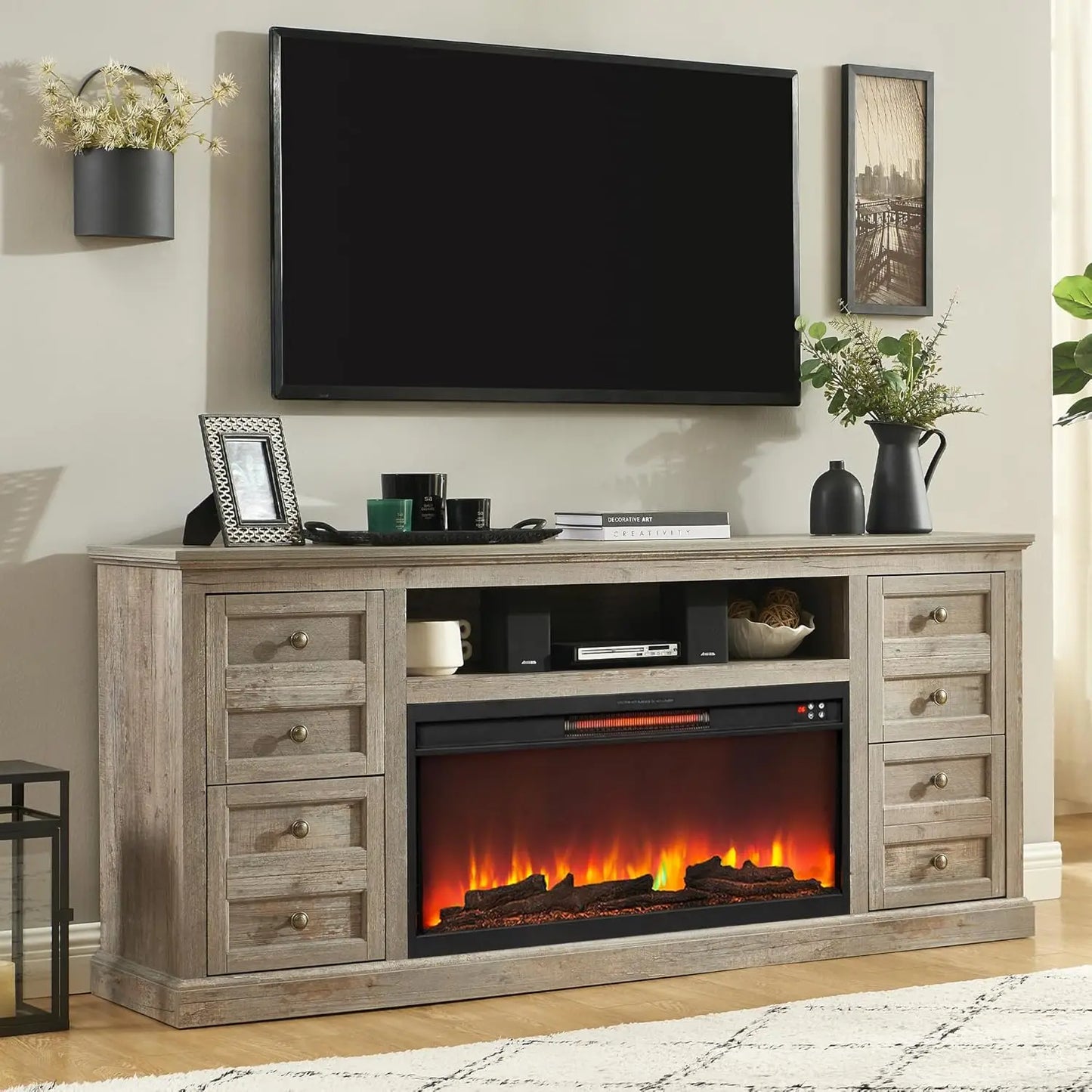 ZHUXIANG Fireplace TV Stand With Electric Fireplace And Drawer Storage Modern Media Console