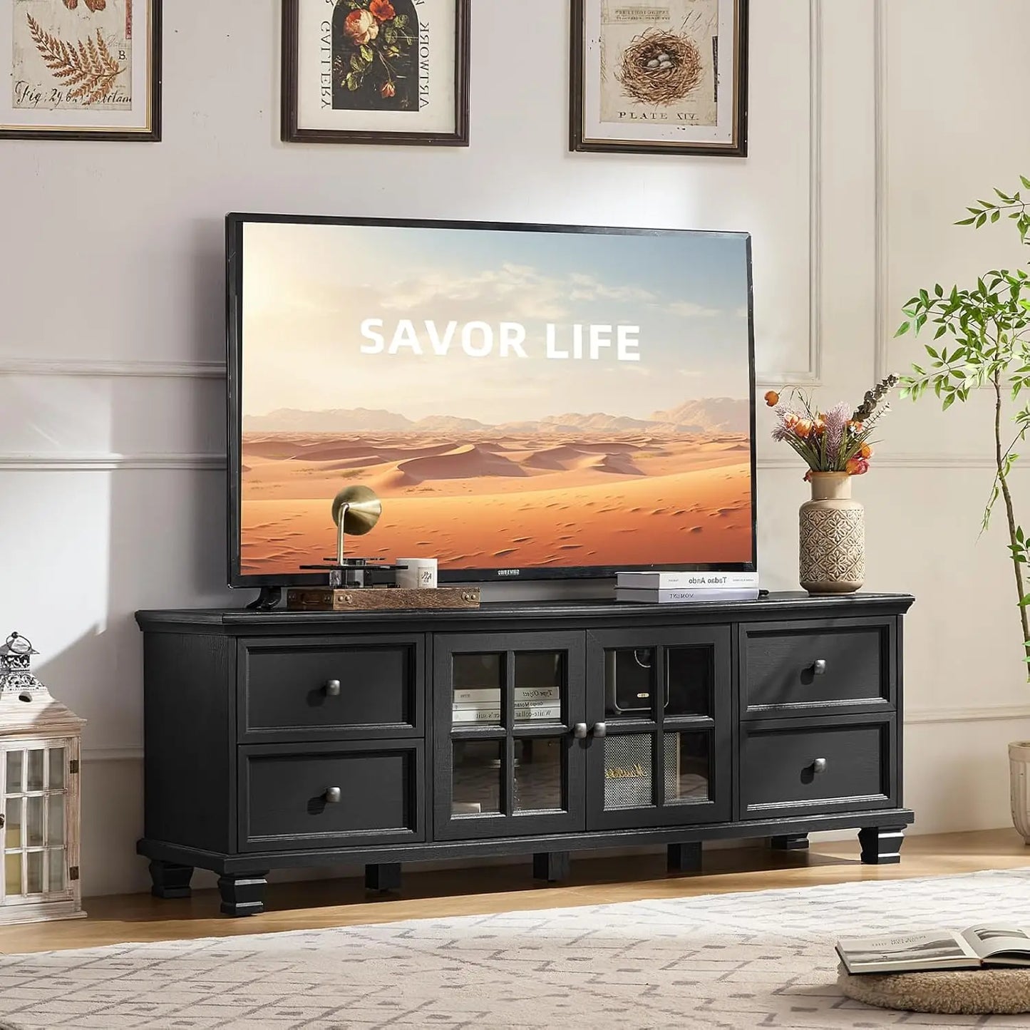 ZHUXIANG Rustic TV Stand With 4 Drawers Modern Entertainment Center