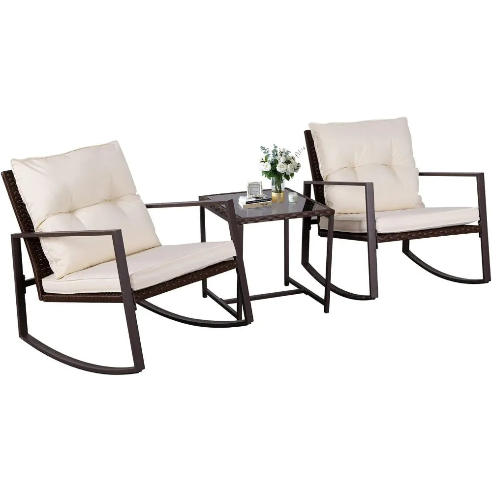 Three Piece Patio Bistro Set With Glass Coffee Table And Rocking Chairs For Outdoor Porch