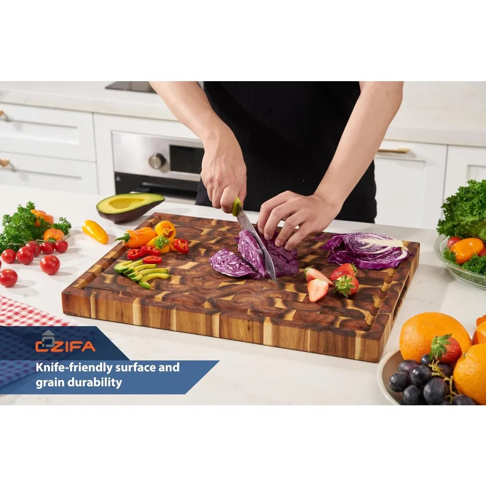 Acacia Wood Cutting Board With Juice Groove And Handles