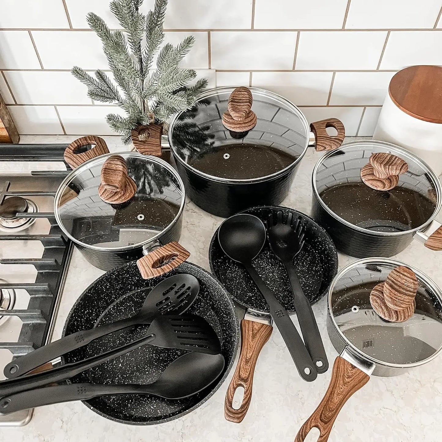 Pots and Pans Set Non Stick 15 Piece Non Toxic Hammered Ceramic Cookware Induction