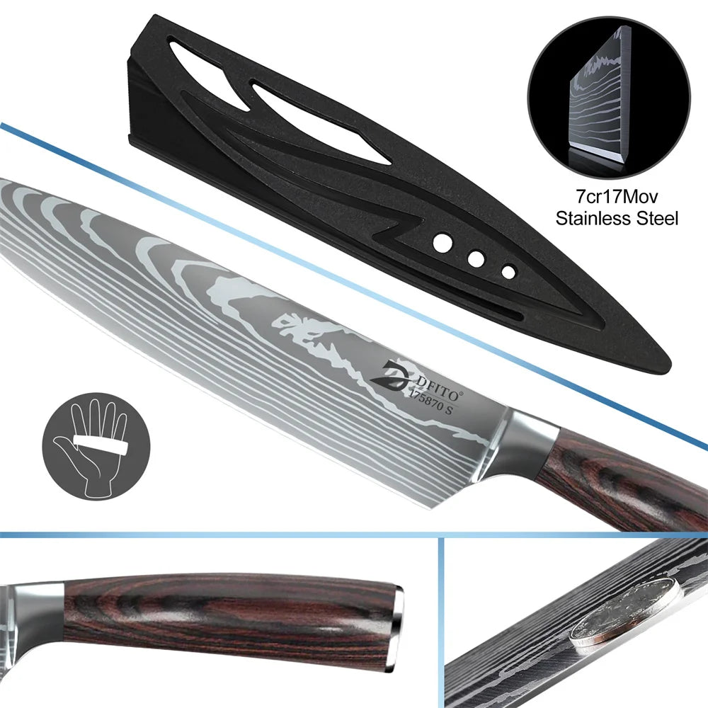 MDHAND Damascus Stainless Steel Kitchen Knife Set Chef Santoku Utility Boning With Nylon Bag