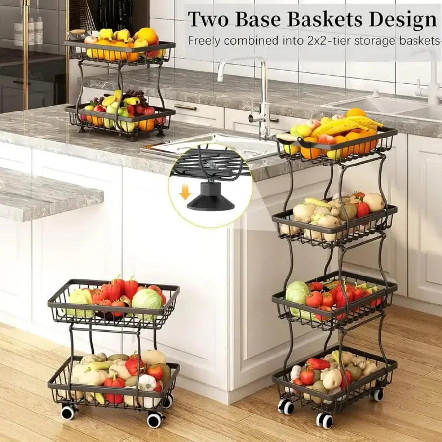 Hign-concerned 4 Tier Stackable Metal Vegetable Storage Rack With Wheels Rotating Corner Kitchen Organizer Basket