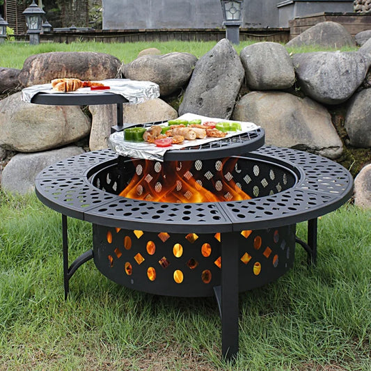 Outdoor Wood Burning Fire Pit With Two Grills Lid Poker And Waterproof Cover Included