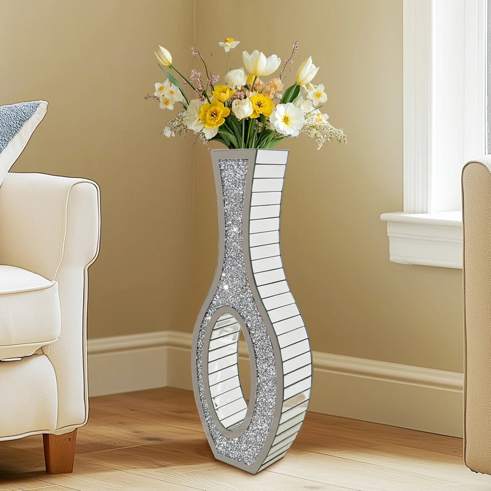 Function Luxurious Silver Mirrored Floorstanding Vase With Exquisite Diamond Accents