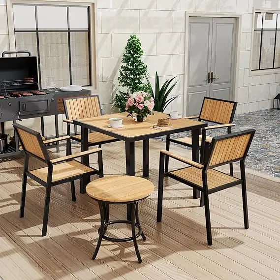 Patio Dining Set Outdoor Aluminum Furniture With Plastic Wood Tabletop Modern Style