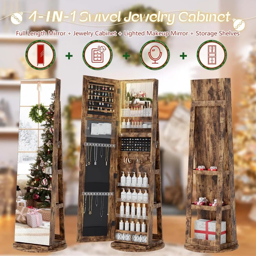 MKDK Mirror Jewelry Cabinet Armoire With LED Lighting 360 Degree Swivel Lockable