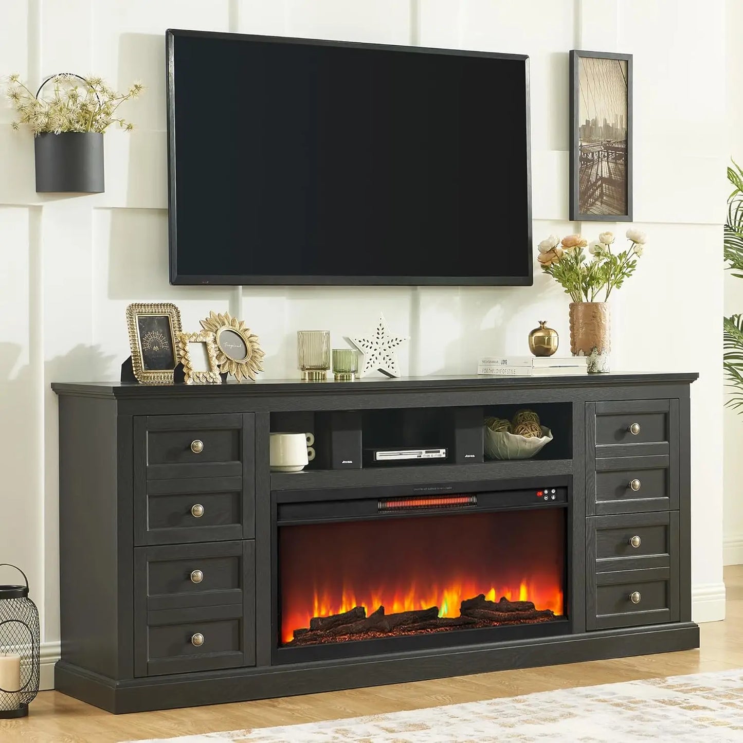 ZHUXIANG Fireplace TV Stand With Electric Fireplace And Drawer Storage Modern Media Console