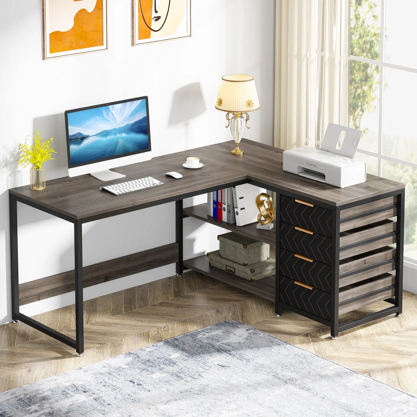 Tribesigns L Shaped Computer Desk With Storage Drawers And Shelves For Home Office Study Space Reversible