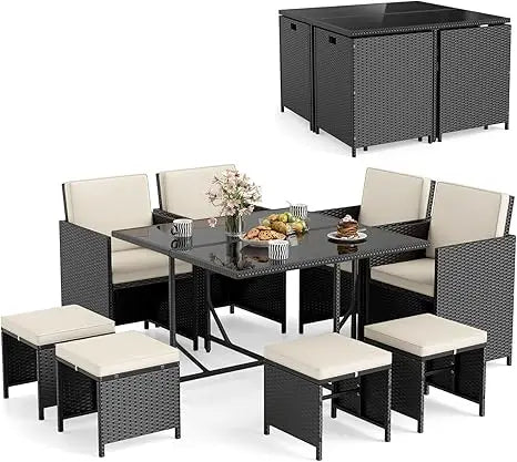 Patio Dining Set With Rattan Chairs And Tempered Glass Table