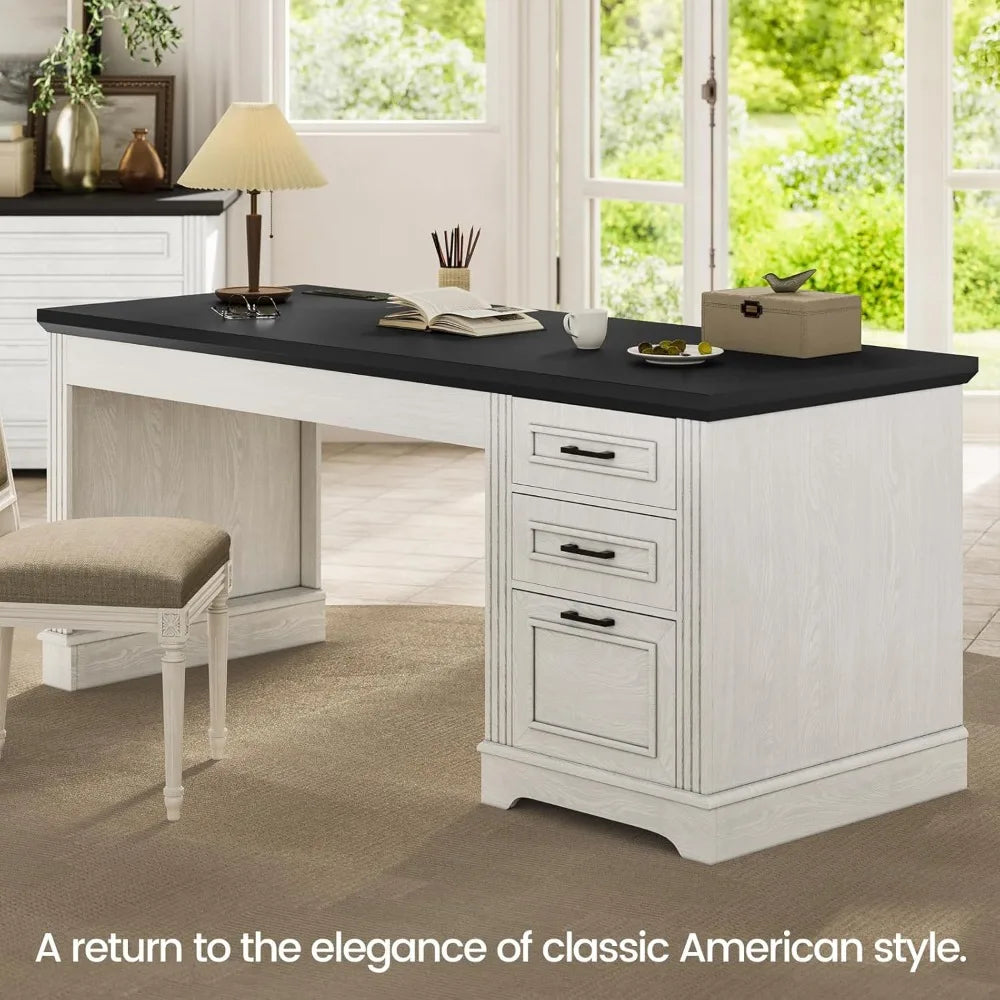 Farmhouse Executive Desk Computer Desk With Storage Drawers And Power Outlet For Home Office