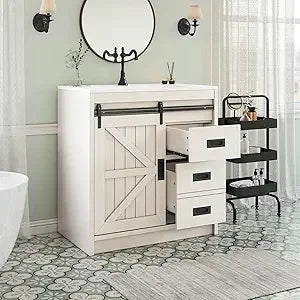 Ticify Farmhouse Sliding Barn Door Bathroom Vanity With Sink Drawers