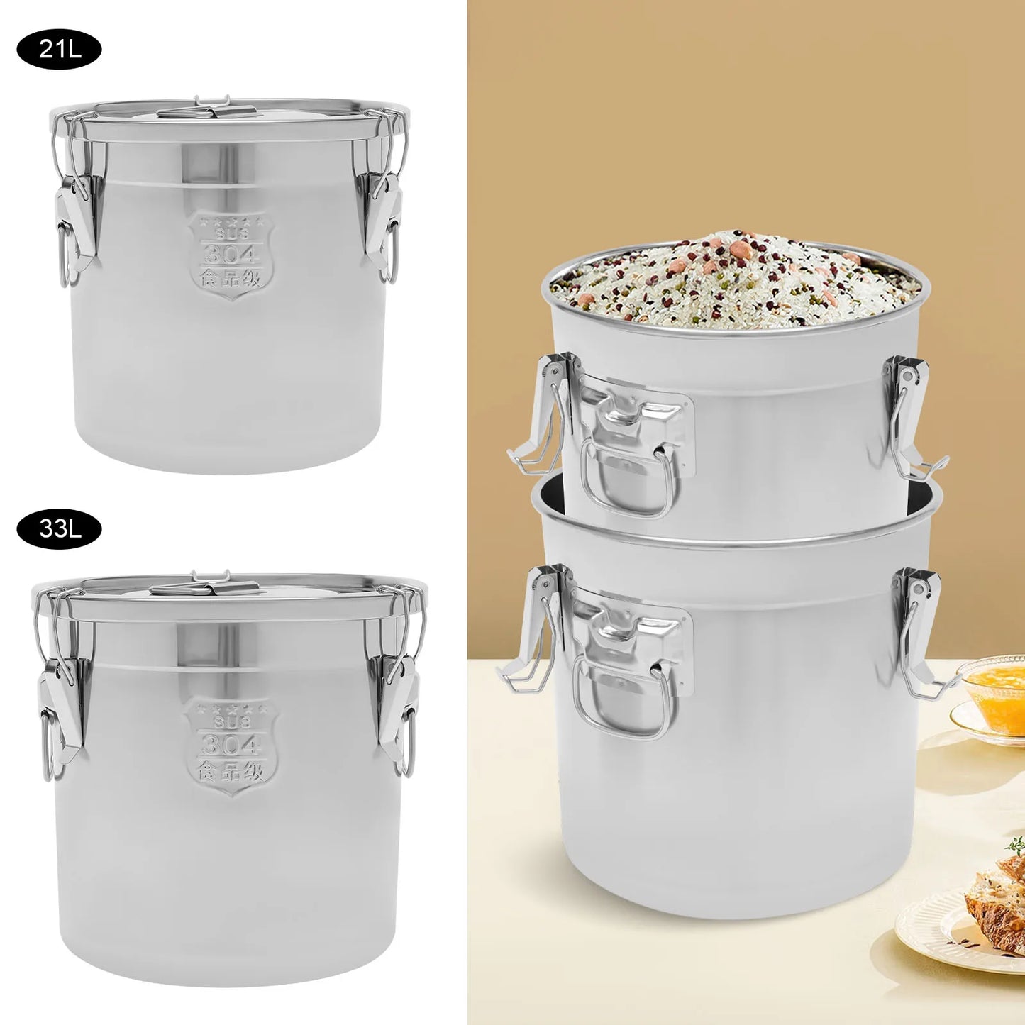 33L/22L Stainless Steel Rice Storage Container 3-Lock Sealing Rice Bin Food Grade Airtight Kitchen Bucket for Rice/Flour