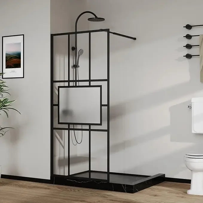 Customizable 34” X 72” Glass Shower Door Fixed Framed Shower Screen Tempered Glass Panel For Walk-in Shower Room, Grid Pattern,