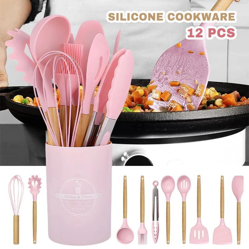 Silicone Cookware Set 12pcs Kitchen Utensil Wooden Handle Non-stick Spatula Shovel Spoon Kitchen Cooking Specialty Tools